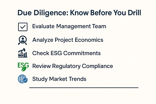 Oil and gas investor due diligence checklist with ESG, management, economic, and policy evaluation steps